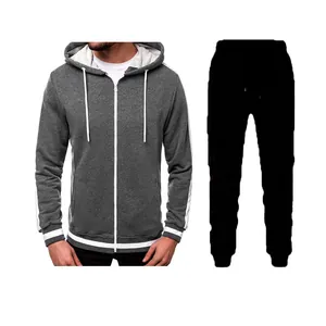 Men's casual grey zip-up hooded sweatshirt and black jogger pants two-piece tracksuit set.