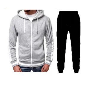 Men's casual two-piece tracksuit set with grey zip-up hoodie and black pants