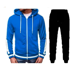 Men's blue zip-up hoodie with white stripes and matching black jogger pants set