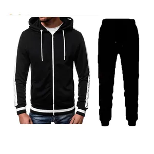 Men's black athletic track suit set with zip-up hoodie and matching sweatpants.