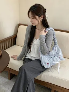 Blue and white striped Korean pleated shoulder bag with red bow embroidery details