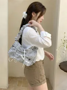 Korean style pleated checkered shoulder bag with bow details and large capacity for women