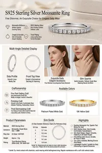 Elegant S925 sterling silver pavé eternity ring with moissanite, detailed size chart view