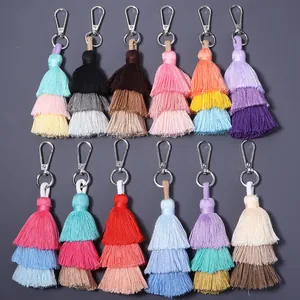 Handmade colorful three-layer cotton tassel keychains with silver lobster clasps