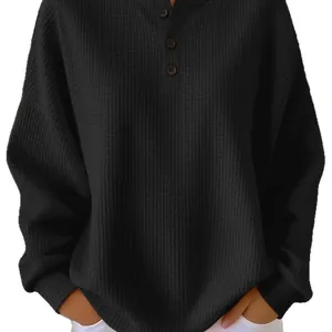 Elegante pullover da donna in maglia a nido d'ape nero a maniche lunghe vestibilità ampia