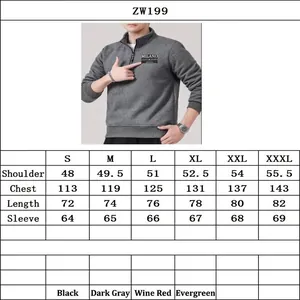 Detailed size chart for men's winter fleece-lined quarter-zip sweatshirt in various colors