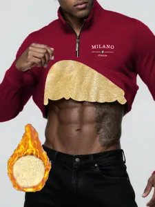 Detailed view of the thick golden fleece lining on this men's quarter-zip sweatshirt