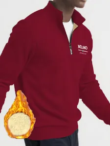 Detail of men's red fleece-lined sweatshirt showing half-zip and warm inner lining