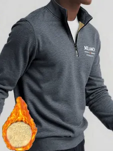 Men's grey textured quarter-zip sweatshirt with warm fleece lining and Milano embroidery