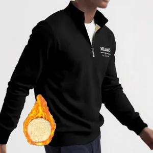 Men's winter black fleece-lined quarter-zip sweatshirt with Milano Italia print