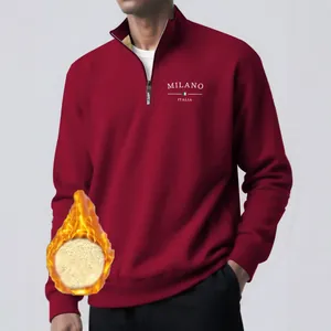 Men's winter quarter-zip fleece sweatshirt with warm sherpa lining in burgundy