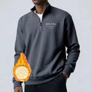 Men's casual grey quarter-zip winter fleece sweatshirt with warm lamb wool lining.