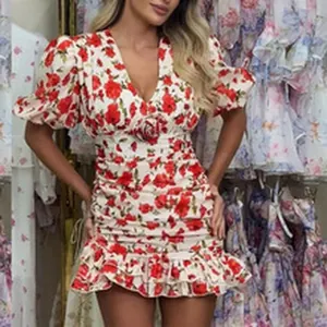 Elegant red floral print puff sleeve V-neck mini dress with tiered ruffled hem for summer