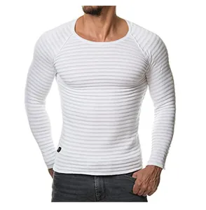 Close-up of white ribbed knit fabric on a slim-fit long-sleeved crew neck T-shirt.
