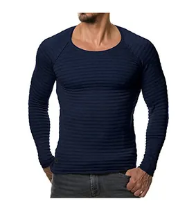 Detailed view of men's slim fit ribbed knit long sleeve T-shirt in navy blue