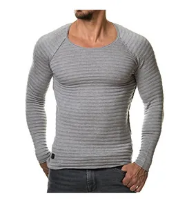 Close-up of grey ribbed long sleeve men's slim fit T-shirt with a round neckline