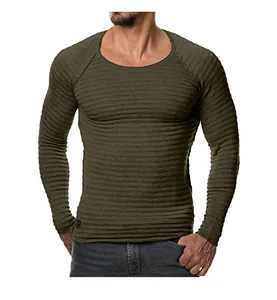 Men's slim fit olive green ribbed long sleeve knit T-shirt with scoop neck detail