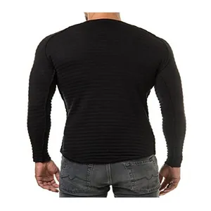 Detailed back view of men's black long-sleeve T-shirt with horizontal textured stripes