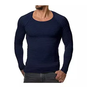 Men's slim fit navy blue ribbed knit long sleeve T-shirt with a deep crew neck style