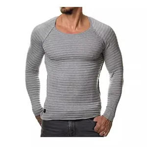 Men's slim fit long sleeve T-shirt featuring horizontal knit stripes and crew neck