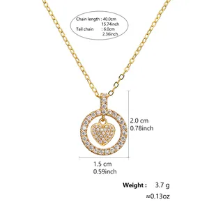 Elegant gold heart circle pendant necklace for women with product dimension details
