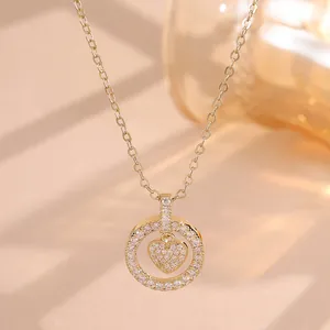 Heart In Circle Pendant Necklace Copper With Cubic Zirconia Elegant Pavé Set Clavicle Chain Fashion Jewelry For Women