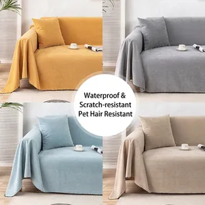 Detailed view of Chenille sofa covers in four colors featuring elegant fringe trim