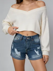 Short en Jean Déchiré Taille Haute pour Femme Ourlet Retroussé Lavé Coupe Slim Été Décontracté en Coton