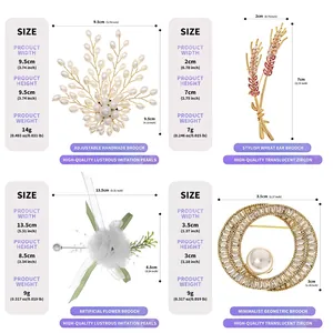 Specifiche dettagliate su dimensioni e peso per varie spille eleganti con perle