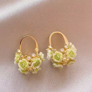Exquisite Alloy Resin Flower Basket Earrings With Rhinestone Forest Style Gold Pink Green Flower Stud Earrings For Women Jewelry