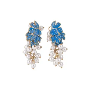 French vintage grape cluster drop earrings with blue enamel leaves and elegant pearls