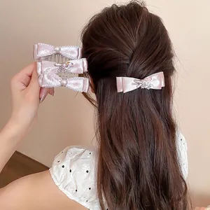 Exquisite Fabric Bow Hairpin With Rhinestone Artificial Pearl Embellishment Gentle Niche Design Duckbill Clip Hair Accessories For Women
