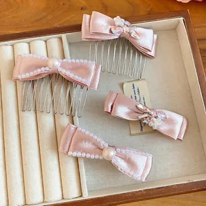 Elegant pink satin bow hair combs and clip set with pearls and rhinestones decoration