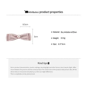 Detailed product specifications and dimensions for fabric bow hair clip with pearls