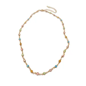 Handmade colorful resin round beaded necklace with a gold-tone chain for summer wear