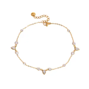 Tobillera de acero inoxidable chapada en oro de 18K con circonitas cúbicas en gota