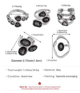 Detailed dimensions and weight specifications for irregular black stone alloy rings
