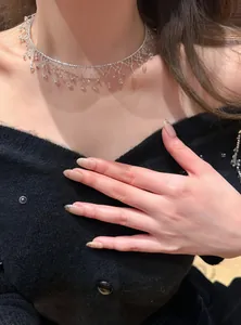 Close-up van een elegante zilveren choker met kristallen franjes en kant om de nek