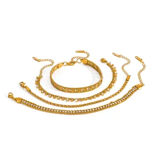 Elegant 18k gold plated stainless steel bracelet set featuring layered chains and zircons