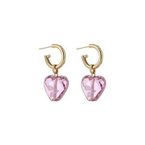 Sweet style pink faceted crystal heart earrings with gold hoop design for women