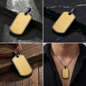 Men's custom engravable brushed gold and black stainless steel dog tag pendant necklace