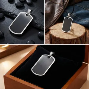 Customizable men's stainless steel dog tag pendant with a brushed black finish
