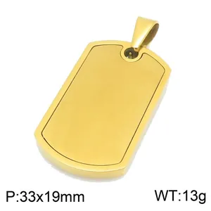 Close-up of gold stainless steel dog tag pendant with 33x19mm size and 13g weight info