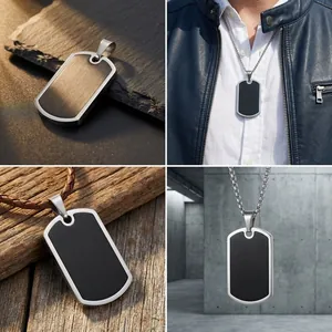 Multi-view detail of a men's stainless steel dog tag pendant with a brushed black finish