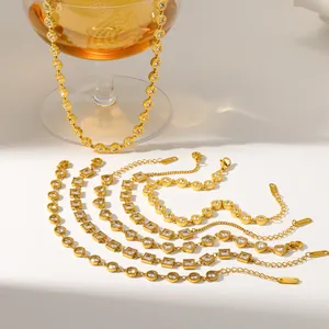 Luxury Stainless Steel Rhinestone Bracelet Necklace For Women 18K Gold Plated Heart Round Square Geometric Charm Jewelry
