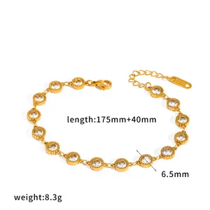 Close-up detail of gold stainless steel zircon bracelet with size and weight parameters