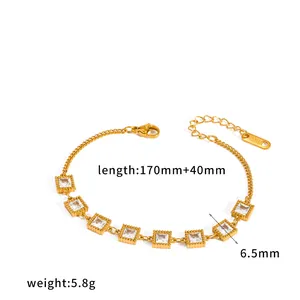 Gold plated stainless steel bracelet with square cubic zirconia stones and measurements