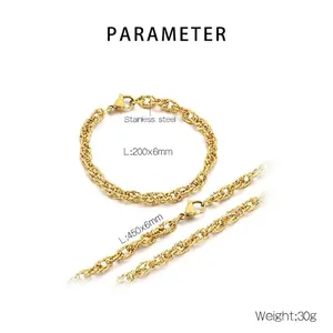 Conjunto de collar y pulsera de acero inoxidable chapado en oro con cadena de doble tejido