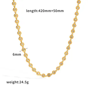 Detail of 18k gold plated stainless steel necklace with sparkling zircon and measurements.