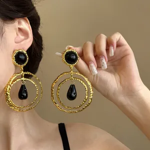 Ethnic Vintage Statement Round Circle Dangle Earrings For Women Gold Plated Hammered Texture Black Resin Water Drop Pendant Jewelry